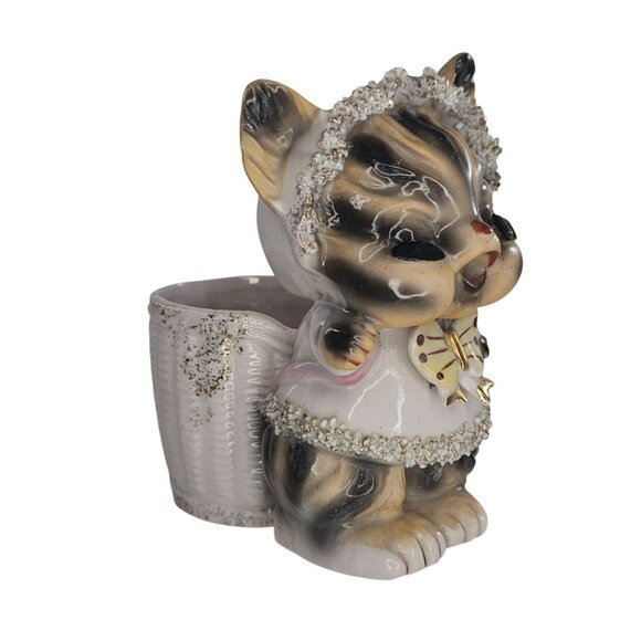 Vintage 1950s Anthropomorphic Striped Kitty Cat Planter Lashes Spaghetti Trim - Picture 1 of 10